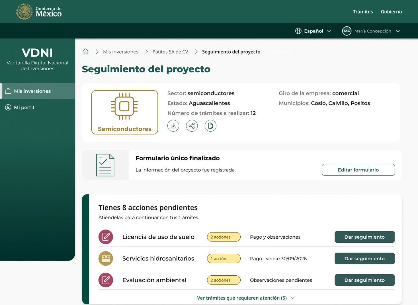 Bandeja VDNI con priorità, stati e prossime azioni